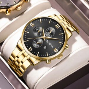 cuena 6008 stainless steel chronograph analog luminous men’s watch gold black