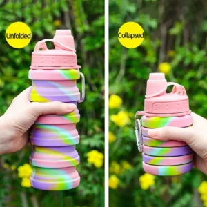 bzy foldable drinking water bottle leakproof fold silicone water bottles cup with straw outdoor hiking camping 500ml { multi color }